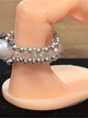 Silver and Clear Beaded Stretch Women's Ring